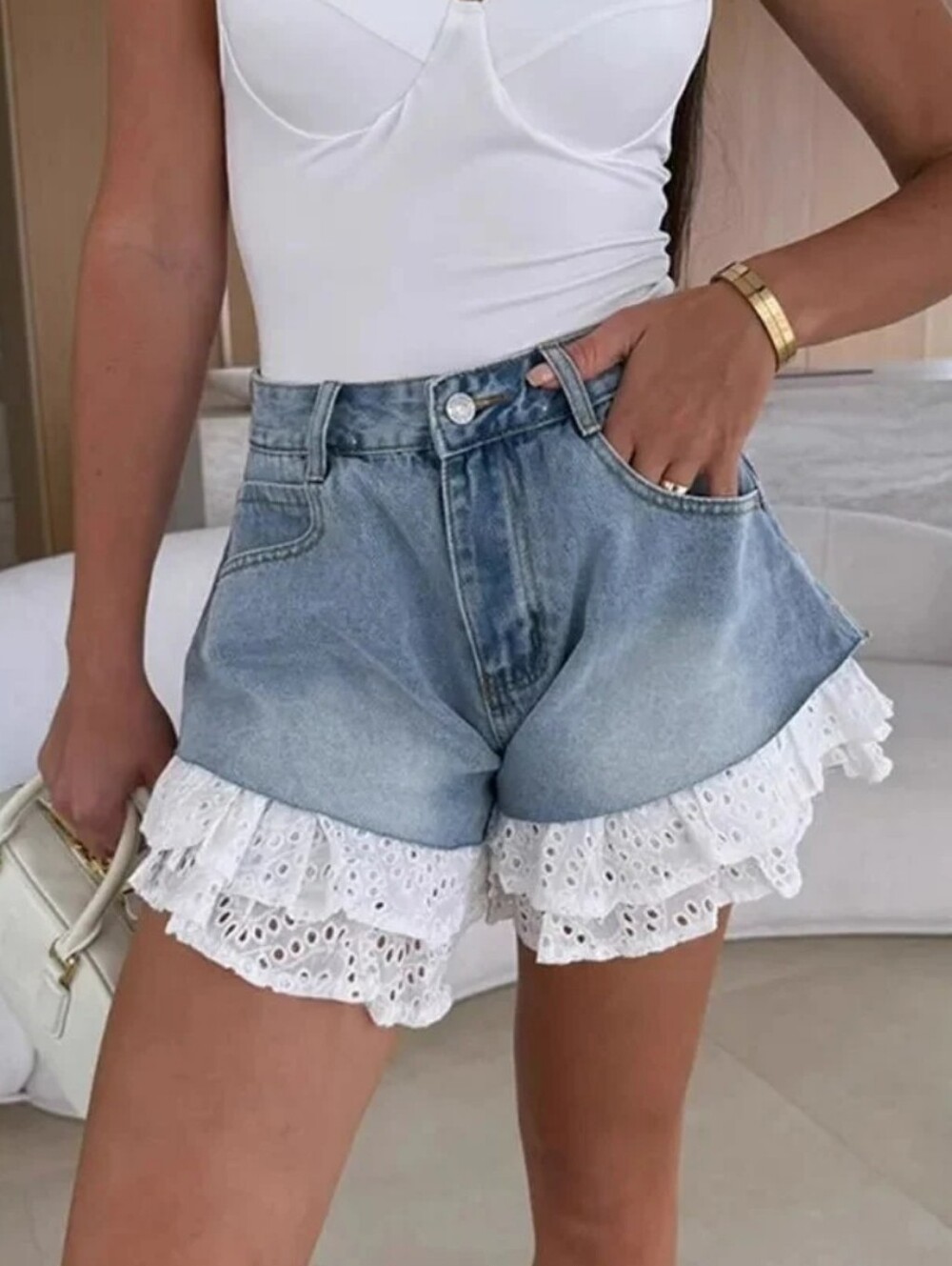 Women's High-Waisted Denim Shorts with Ruffle Hem Detail